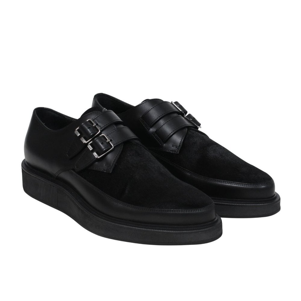 Lanvin Mens Chunky Creeper Derbys 10 L8 Black Leather Pony Hair Dress Monk Strap